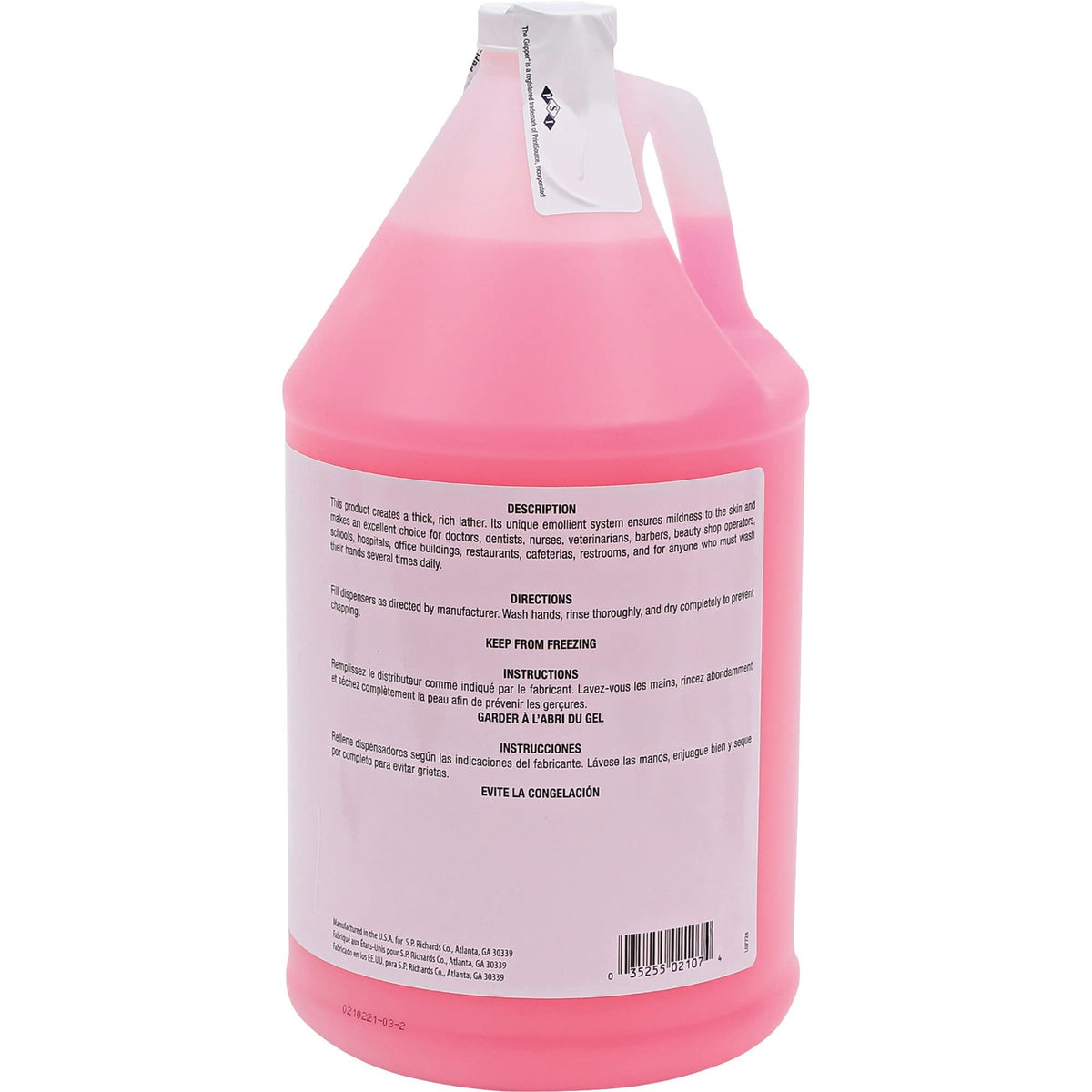 Genuine Joe pouring gallon refill into dispenser with spill-resistant handle for efficient refills