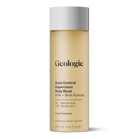 Geologie front bottle showing clear acne-control label and benefits