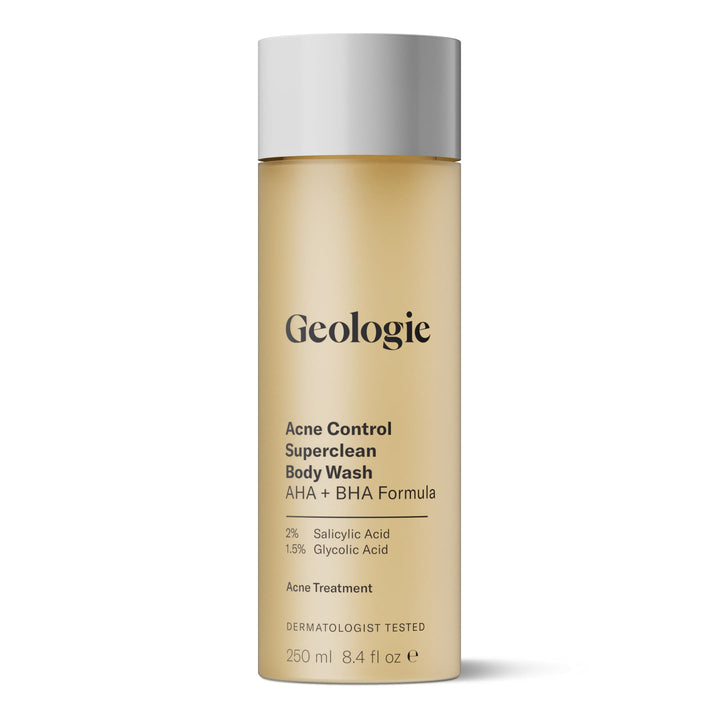 Geologie front bottle showing clear acne-control label and benefits