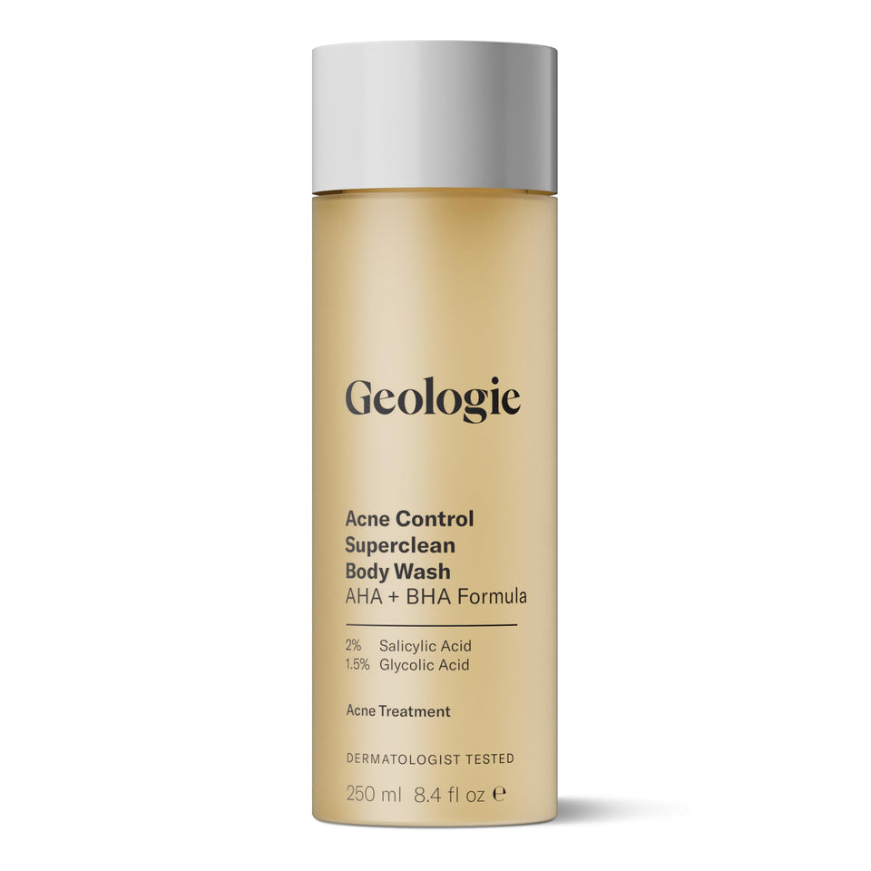 Geologie front bottle showing clear acne-control label and benefits