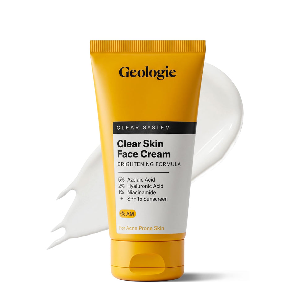 Geologie clear skin face cream front view showing compact 60ml tube and label benefit