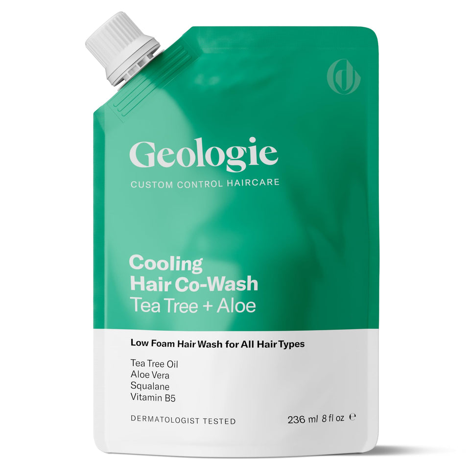 Geologie cooling co-wash pouch front view showing eco-friendly packaging and benefits