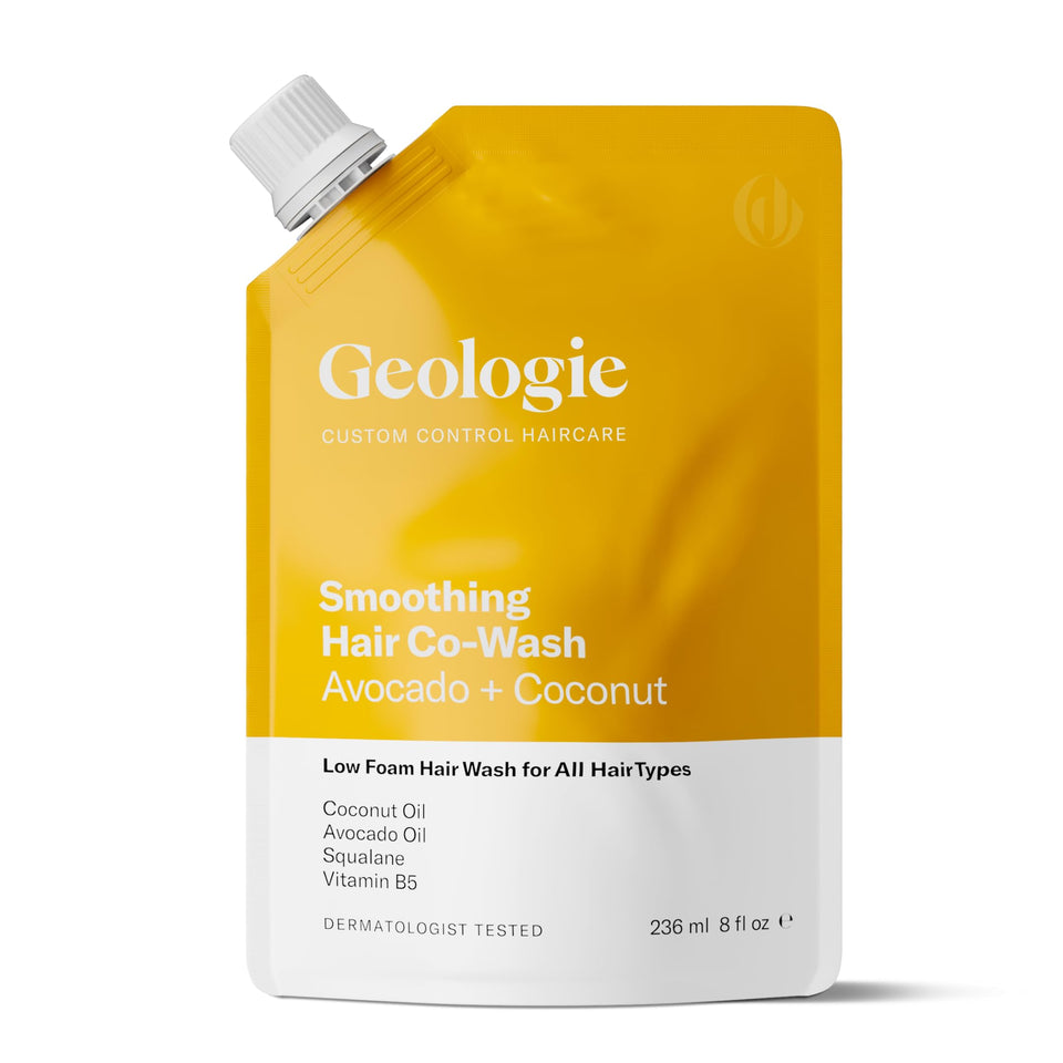 Geologie co-wash front pouch showing branding and eco packaging benefit