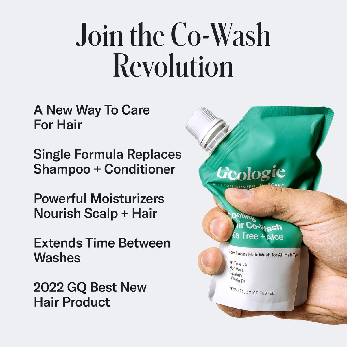 Geologie co-wash being poured showing silky texture and easy application benefit
