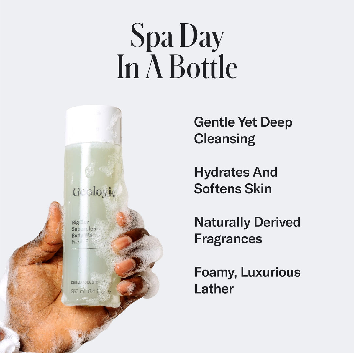 Geologie eucalyptus lather texture demonstrating rich foaming benefit