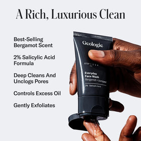 Geologie face wash close-up pump highlighting cleansing texture