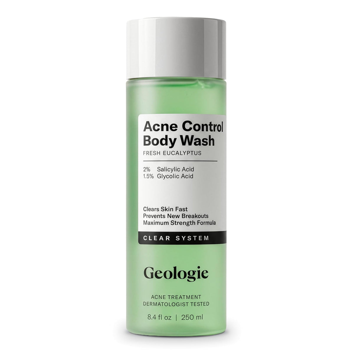 Geologie front bottle showing eucalyptus scent and clear-skin benefit