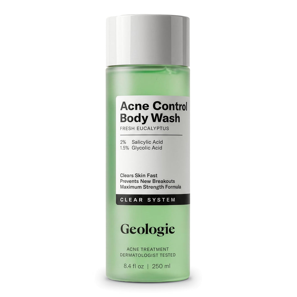 Geologie front bottle showing eucalyptus scent and clear-skin benefit