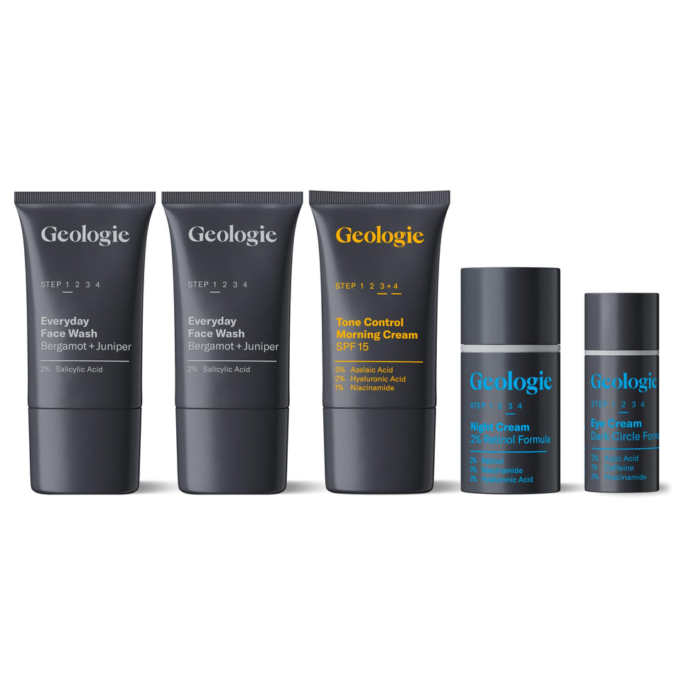 Geologie front packaging showing the five-piece kit and benefits