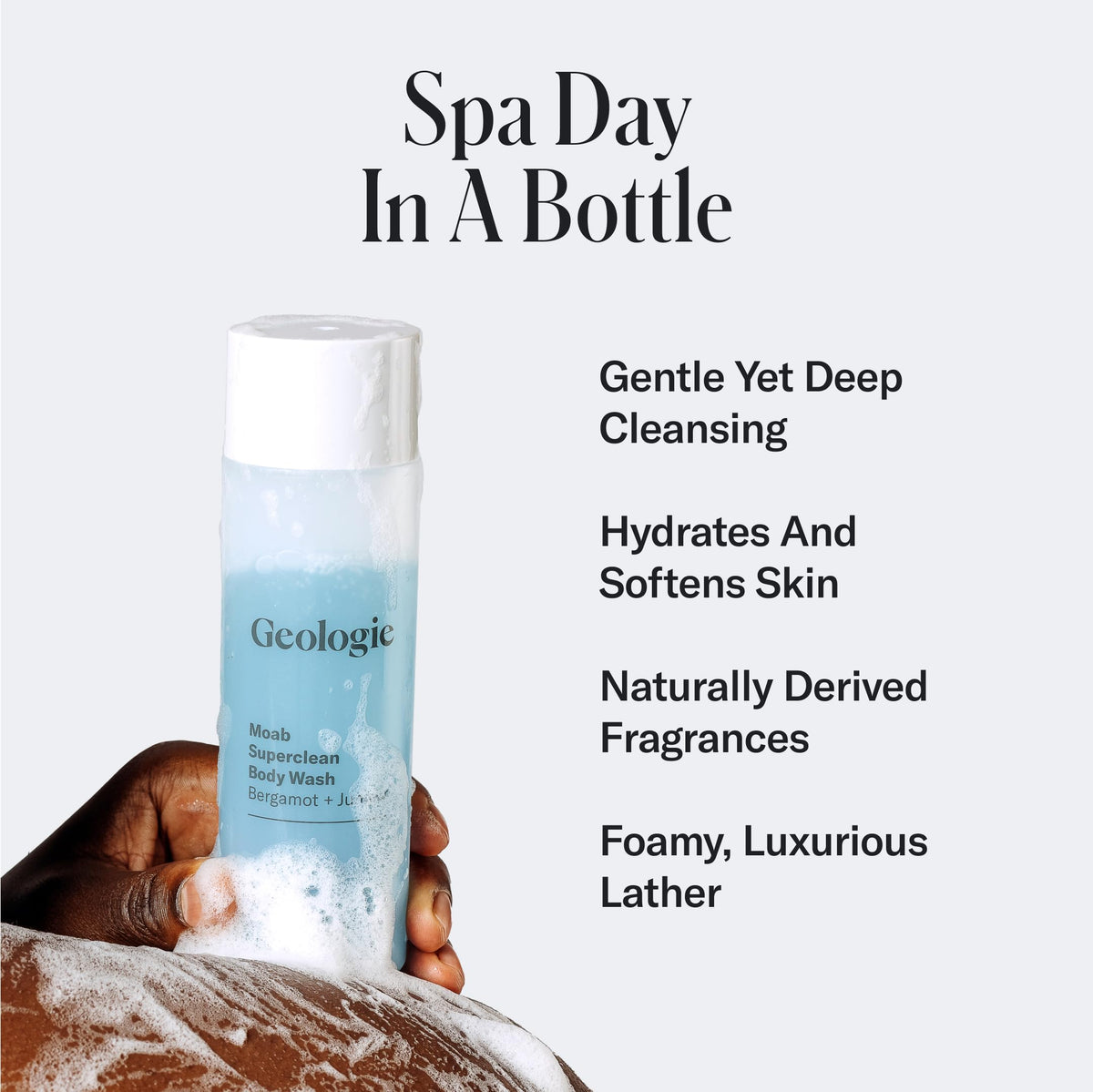 Geologie Moab lather close-up highlighting rich foam and gentle cleanse