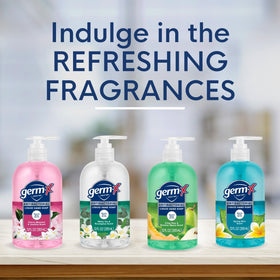 Germ-X bottle on bathroom counter showing convenient everyday placement