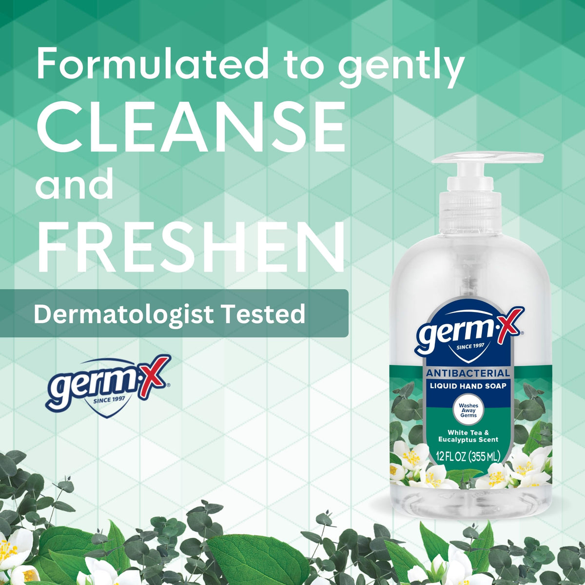 Germ-X bottle next to common items for scale, shows 12 oz size