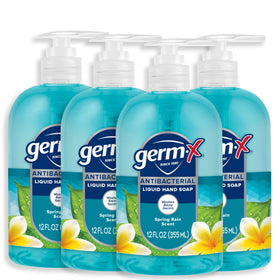 Germ-X front packaging showing 12 oz pump and four-pack convenience