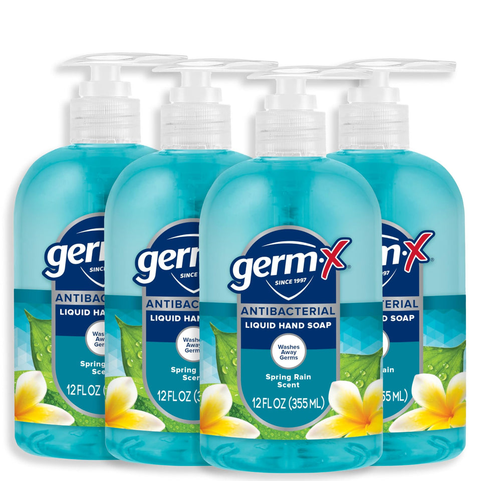 Germ-X front packaging showing 12 oz pump and four-pack convenience