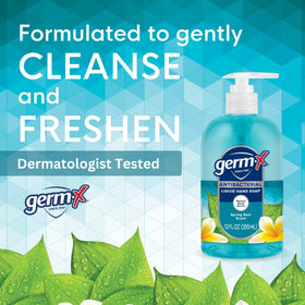 Germ-X bottle next to hand showing 12 oz scale and easy handling