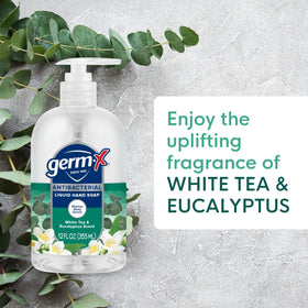 Germ-X pump action close-up dispensing soap, demonstrates easy use