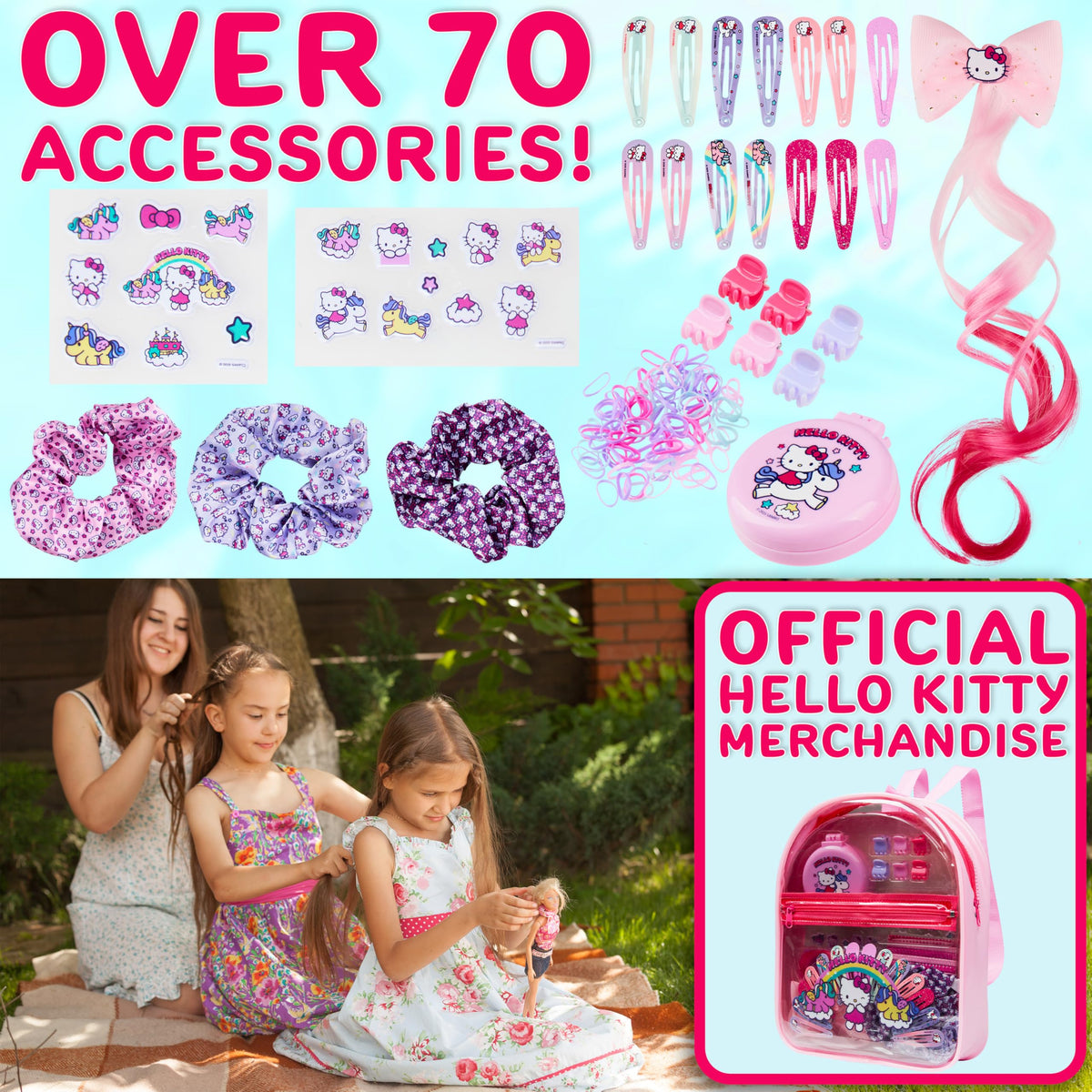 Get Trend Hello Kitty close-up of clips and scrunchies highlighting gentle fabrics and bright colors