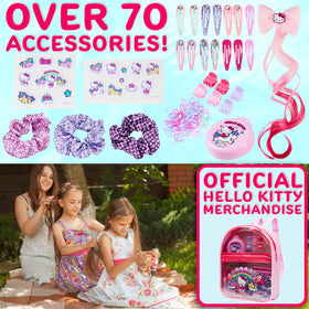 Get Trend Hello Kitty close-up of clips and scrunchies highlighting gentle fabrics and bright colors