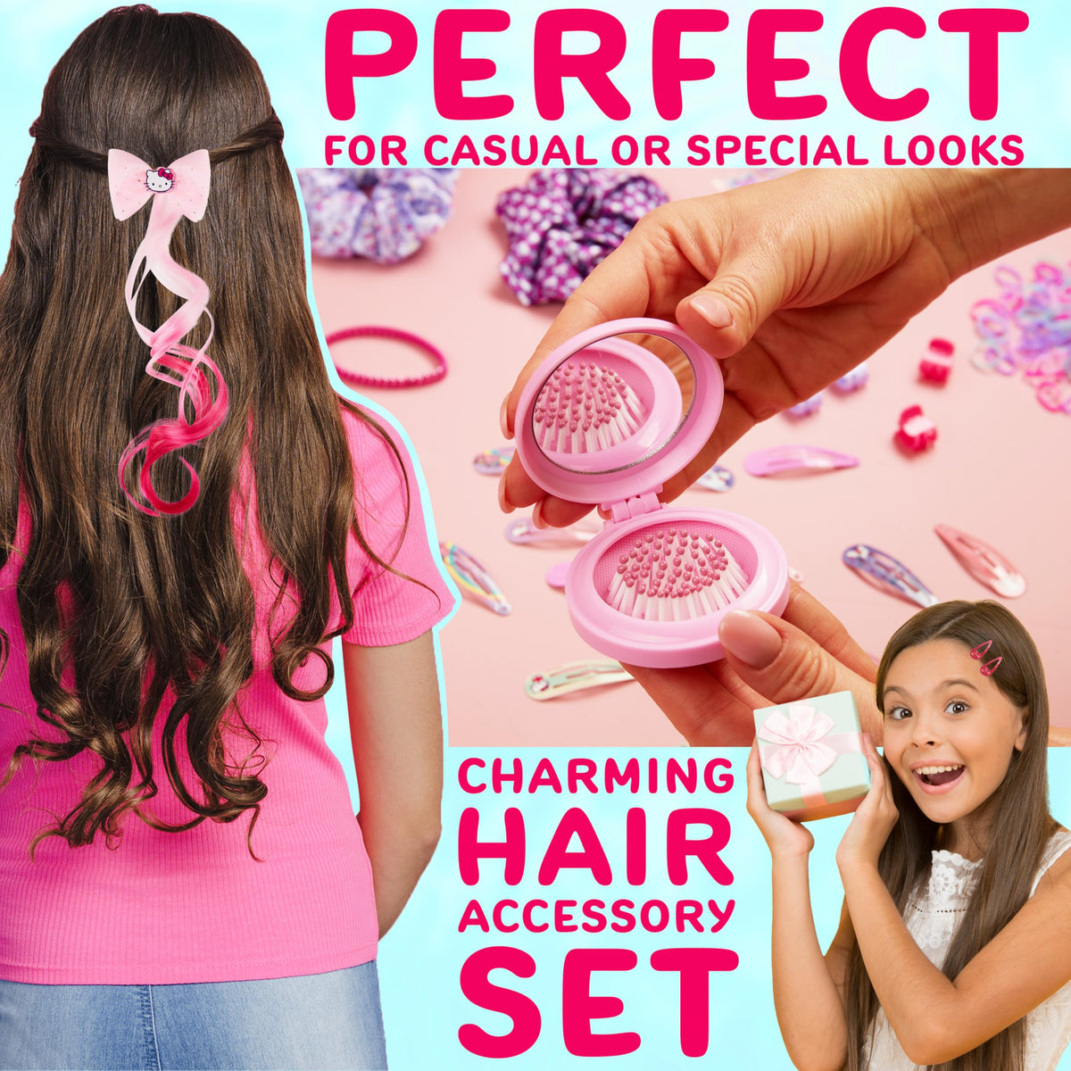 Get Trend Hello Kitty foldable brush and mirror detail for easy detangling and portable grooming