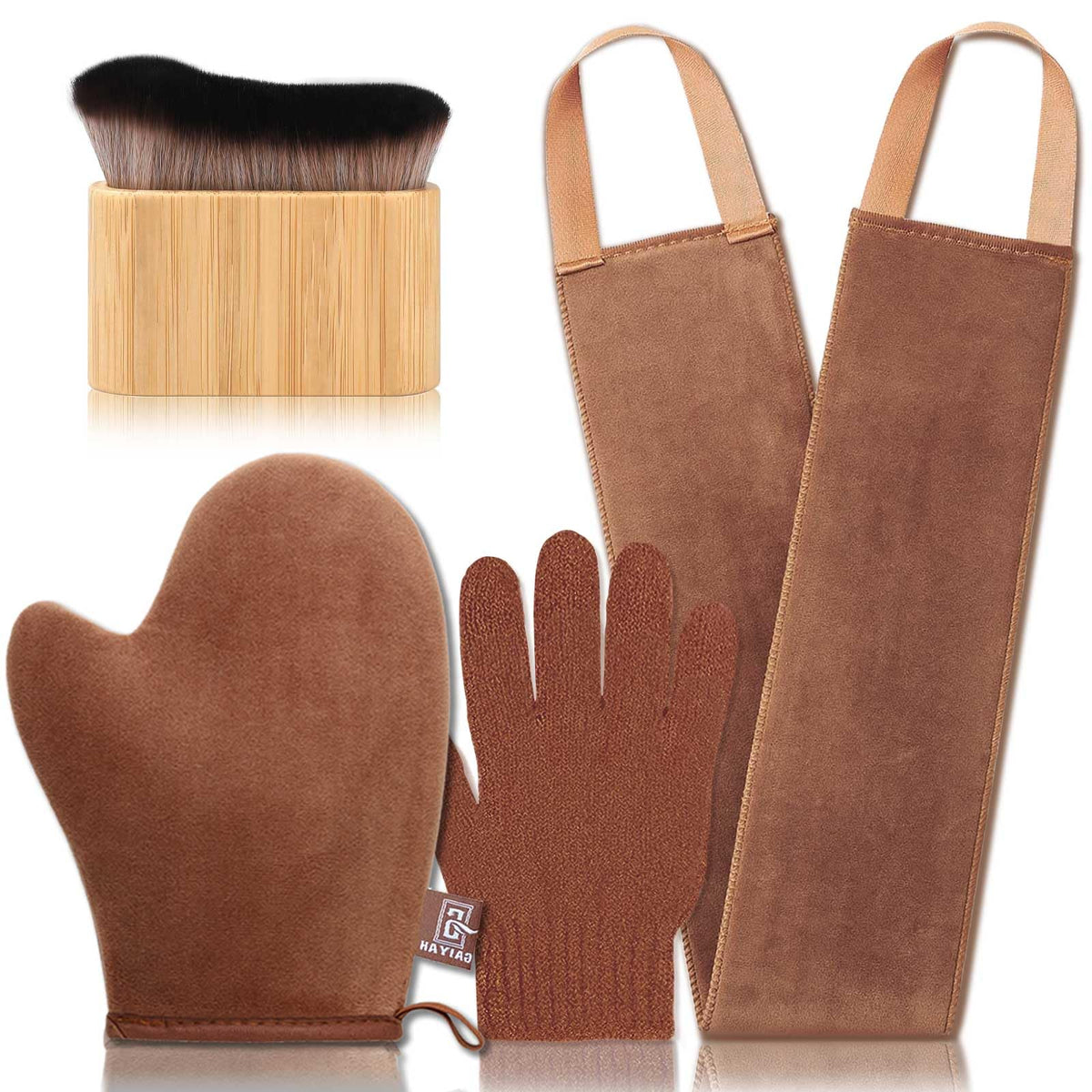 G GAIYAH front kit layout showing mitt, brush, back applicator, and exfoliating glove for full coverage