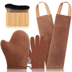 G GAIYAH front kit layout showing mitt, brush, back applicator, and exfoliating glove for full coverage