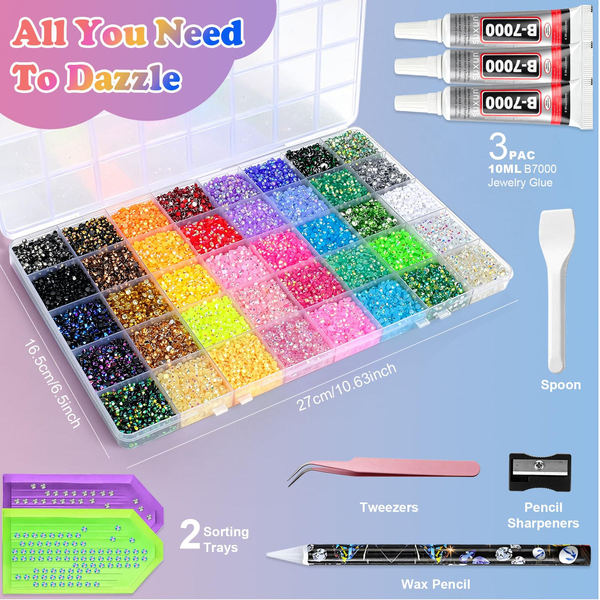 GGDECA open organizer grid with separated rhinestone colors for easy access