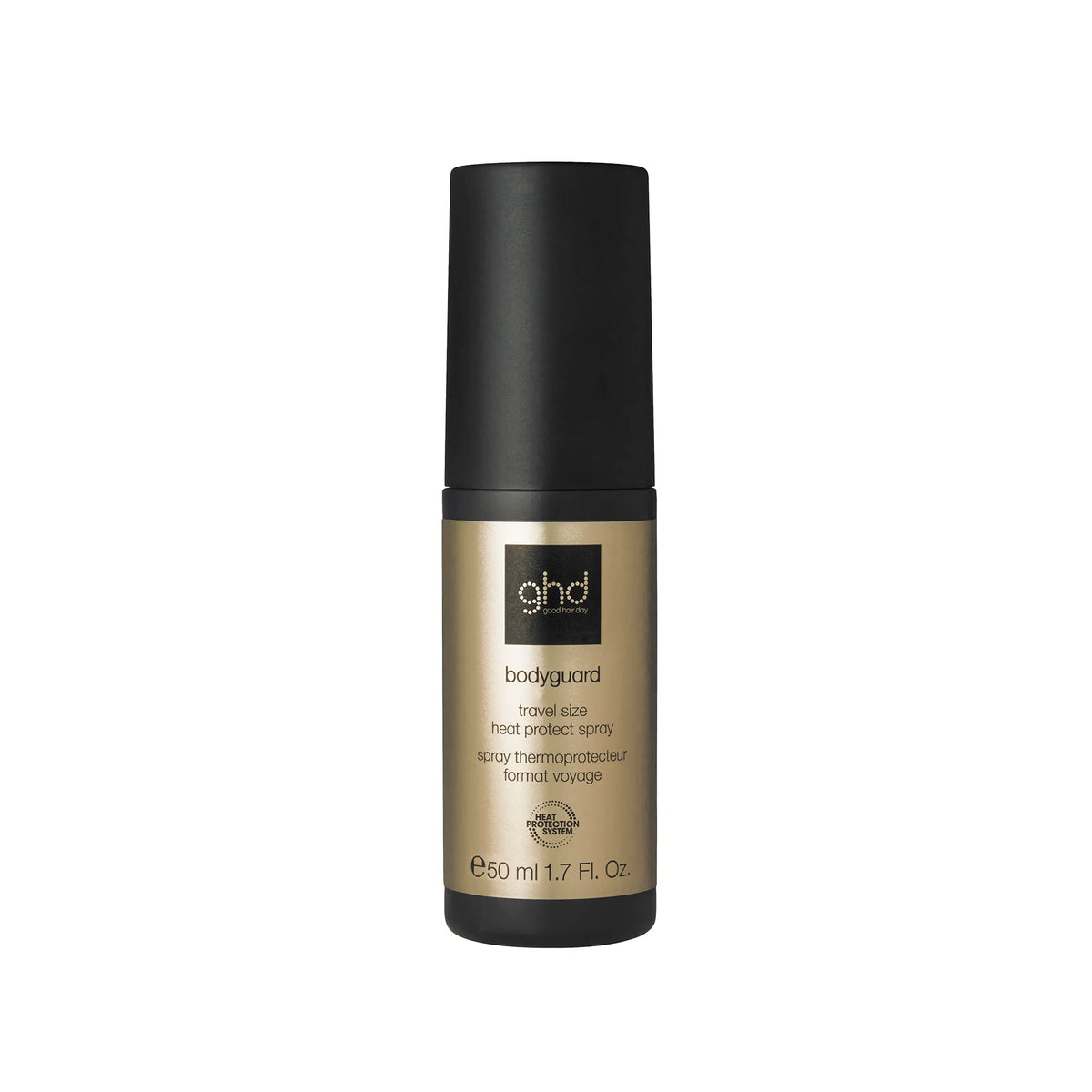 ghd front spray bottle shown upright highlighting sleek travel size and protection