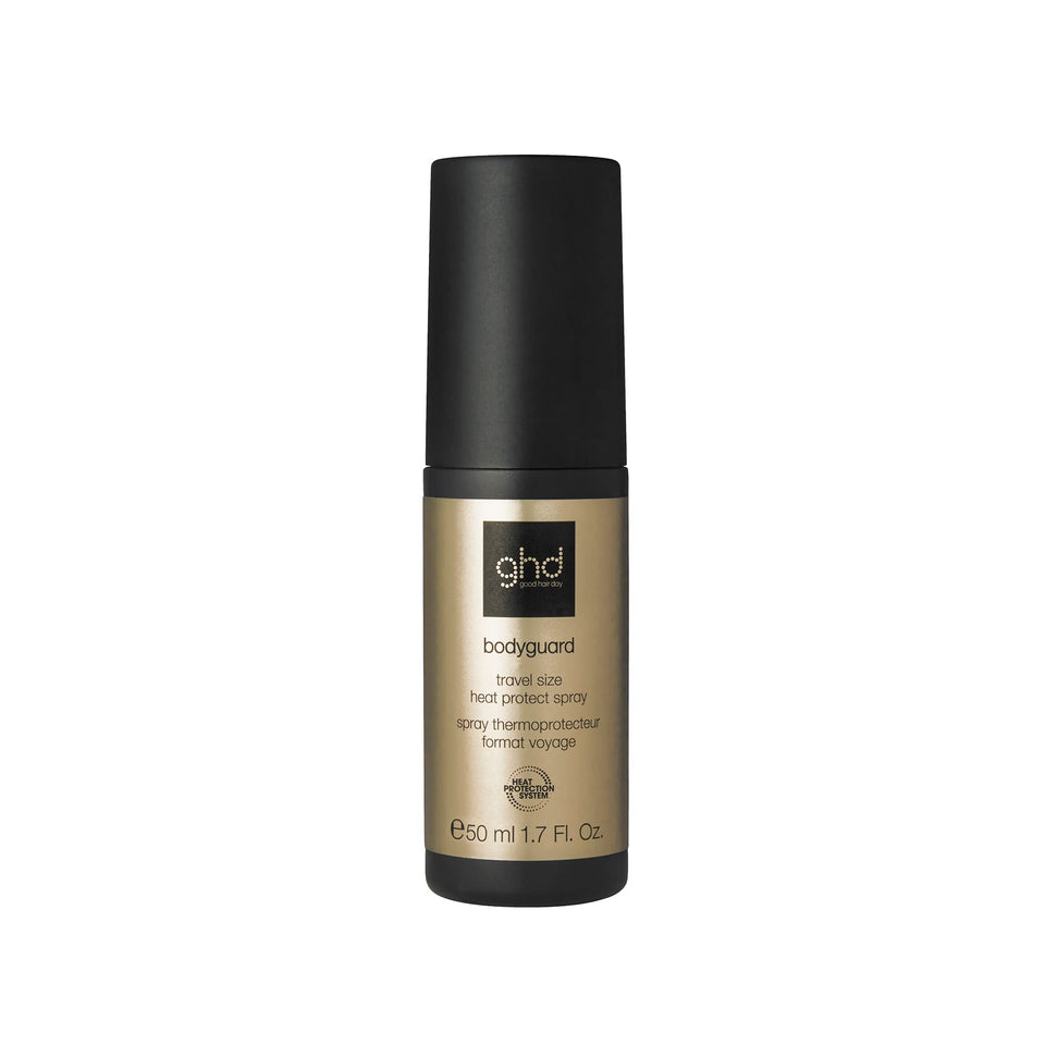 ghd front spray bottle shown upright highlighting sleek travel size and protection