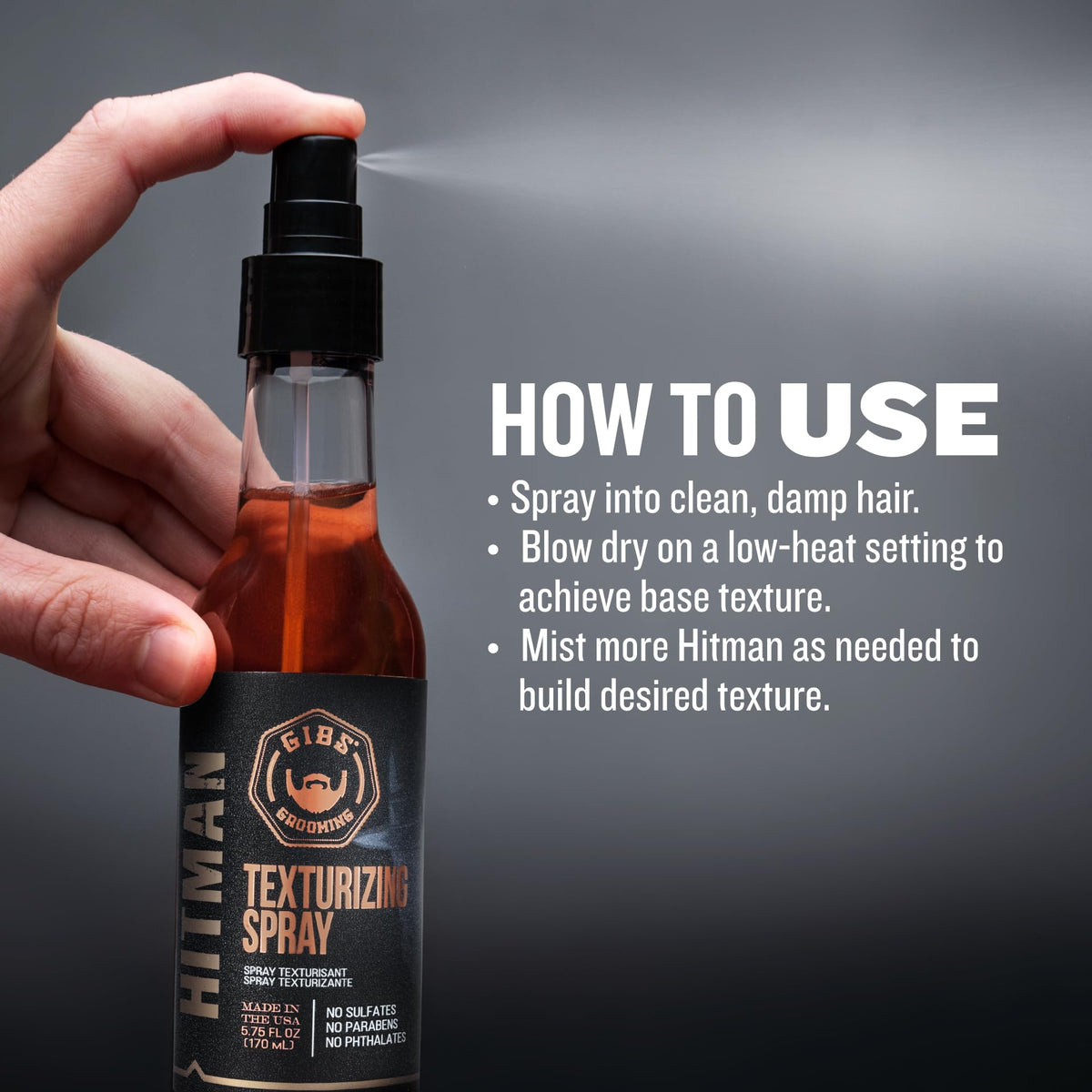 GIBS Hitman lifestyle usage man applying spray to beard for fuller, styled look