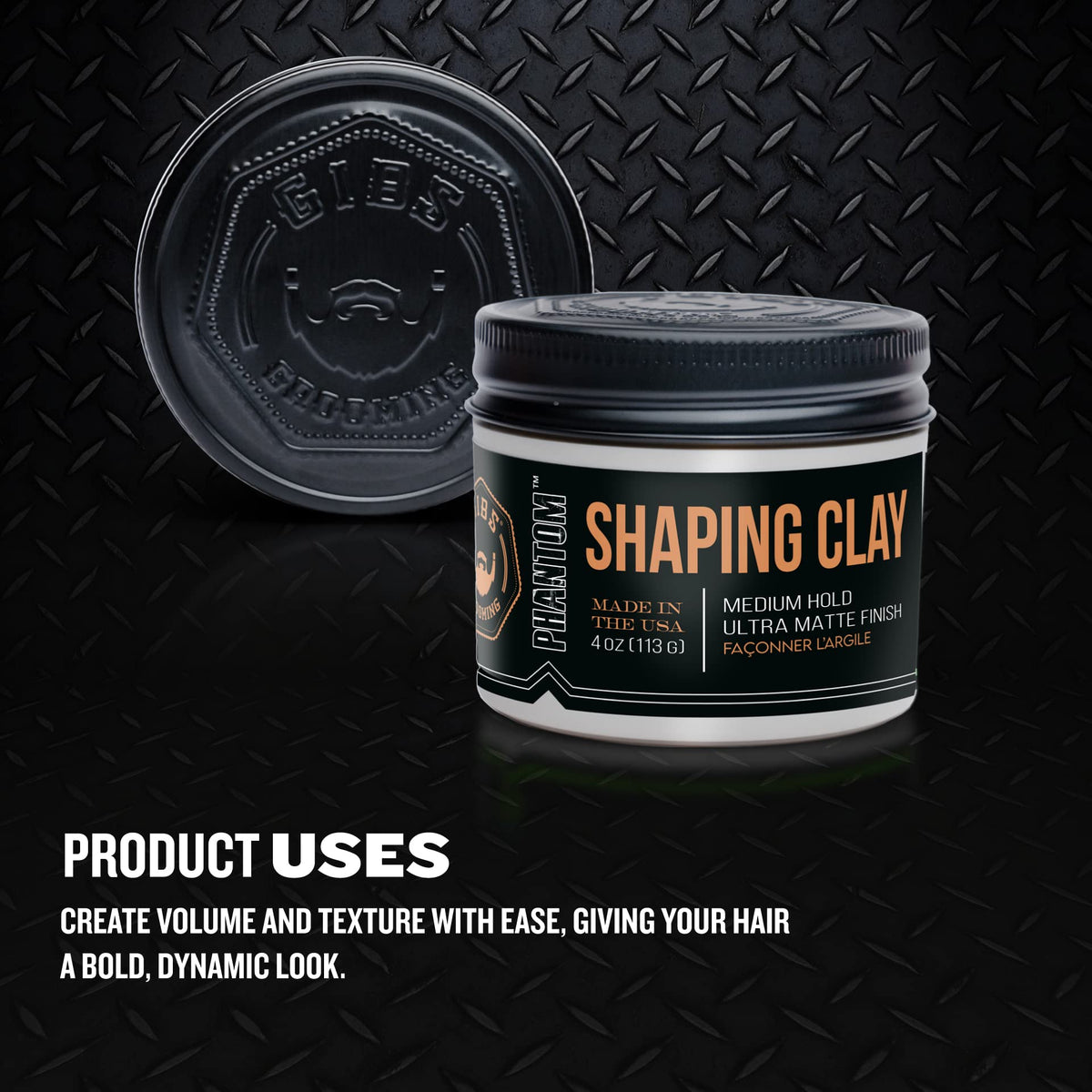 GIBS Phantom open jar close-up displaying clay texture for styling