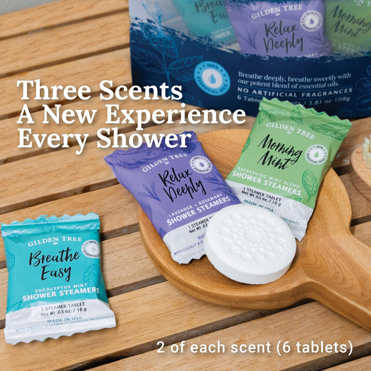 GILDEN TREE tablet on shower floor releasing steam for an aromatherapy shower