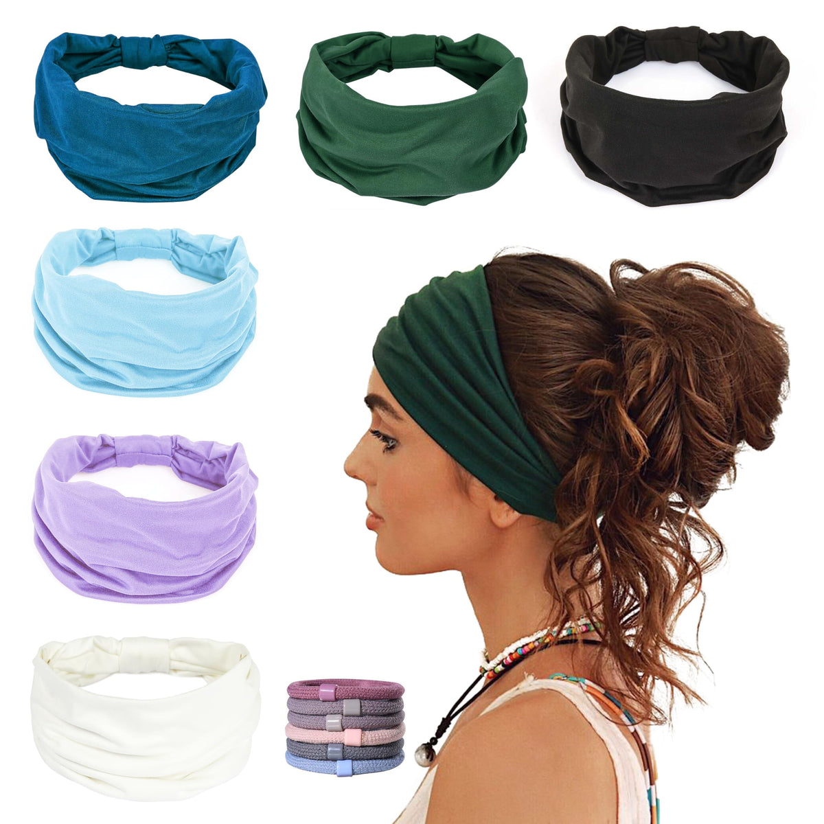 GiLi front pack view showing six wide headbands and included hair ties for outfit coordination