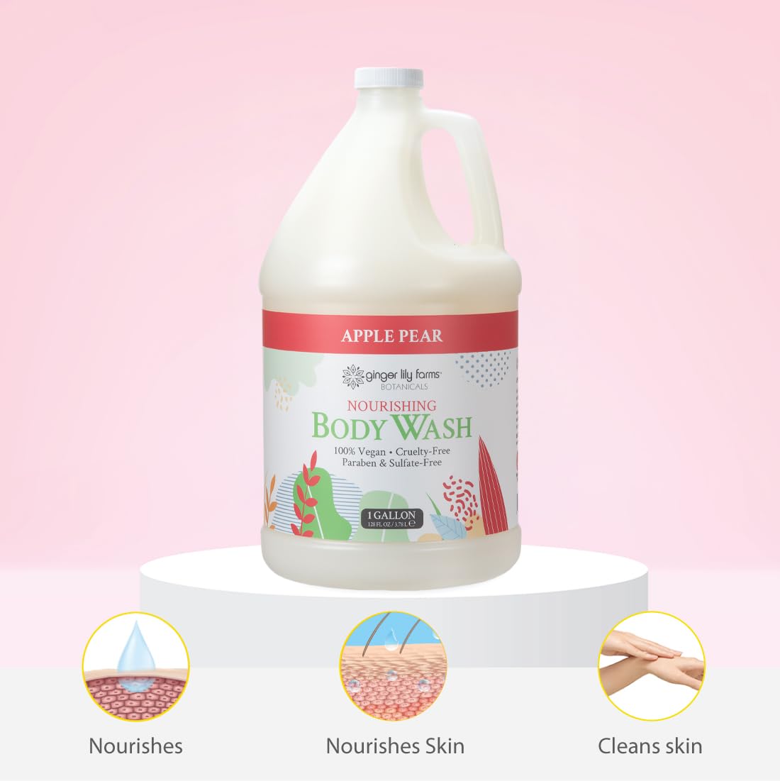 Ginger Lily Farms gallon next to dispenser for size and refill convenience