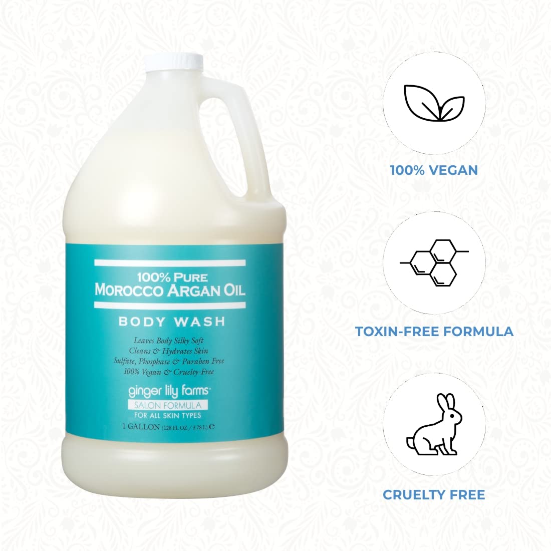 Ginger Lily Farms gallon next to hand for scale and economical refill benefit