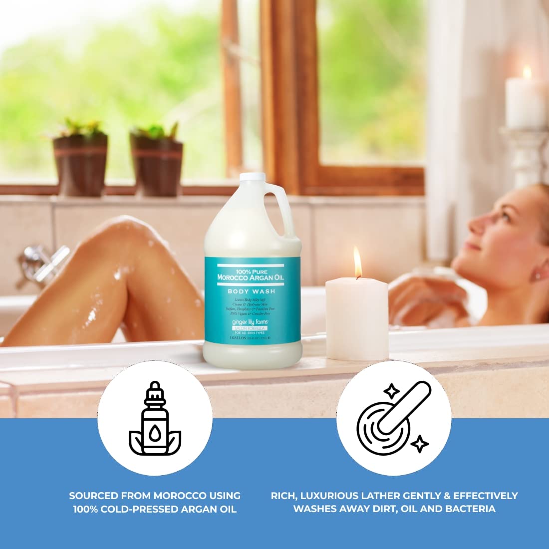 Ginger Lily Farms body wash displayed in a spa setting conveying premium care