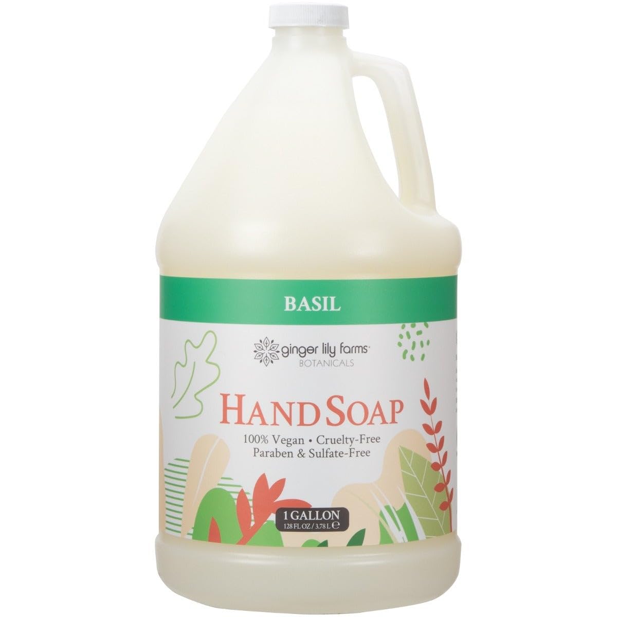 Ginger Lily Farms gallon front label showing product name and basil scent benefits