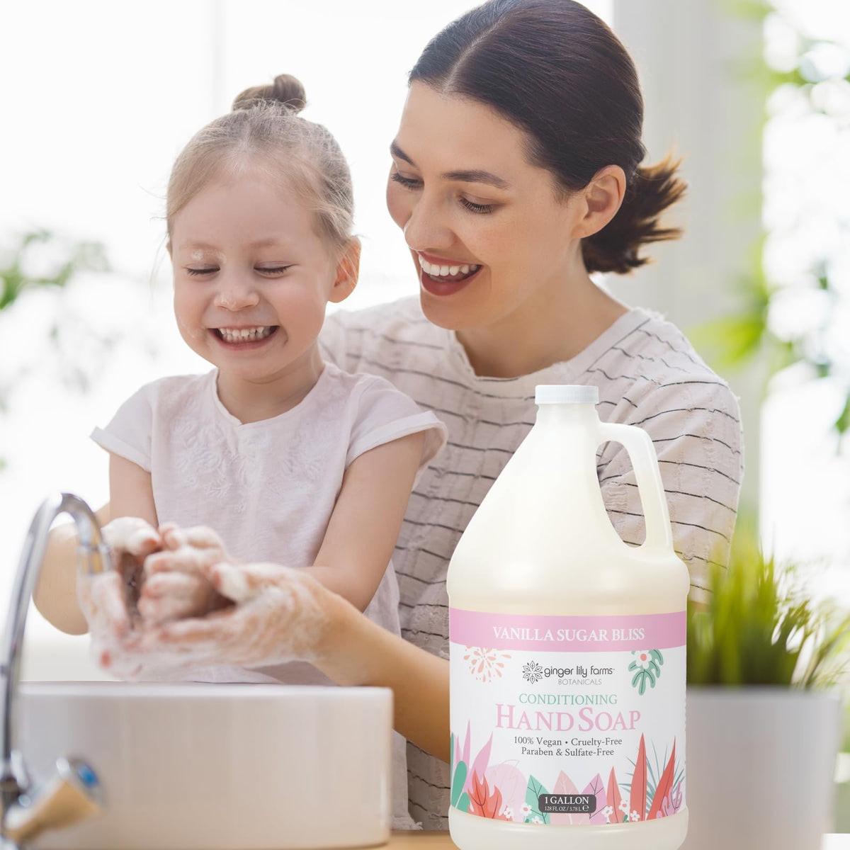 Ginger Lily Farms bottle on a sink in a neat bathroom showing guest-ready scent benefit