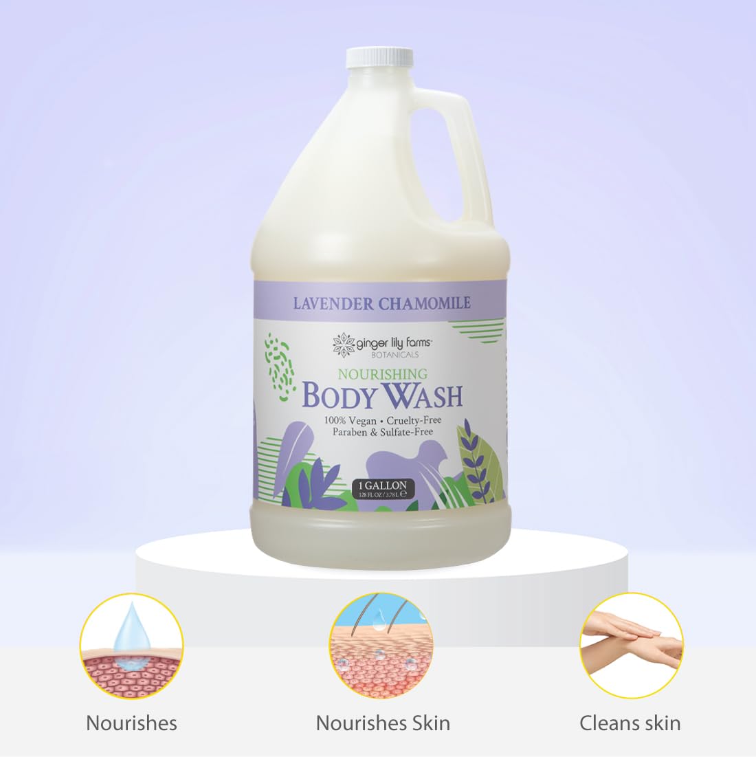 Ginger Lily Farms gallon beside dispenser in bathroom, ideal for gyms and home use