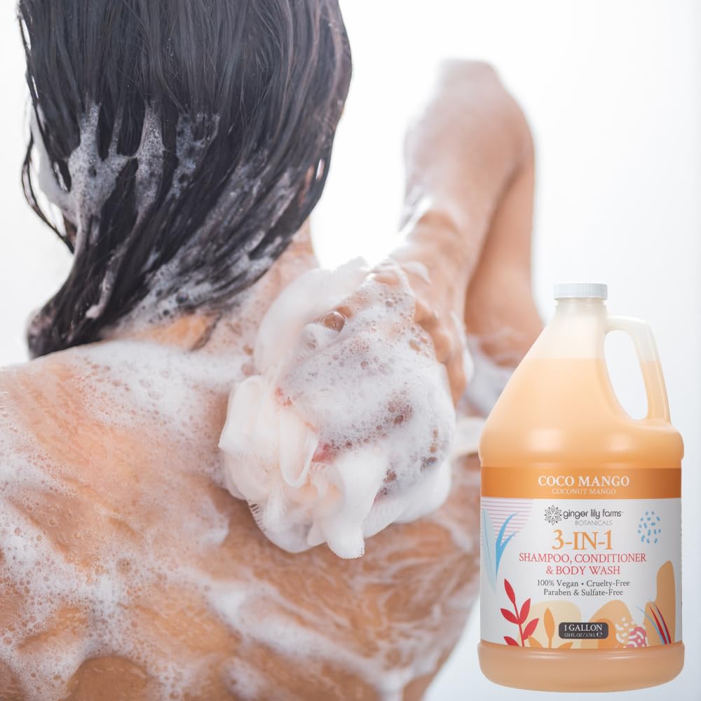 Ginger Lily Farms bottle staged in shower showing refill use and savings