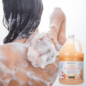Ginger Lily Farms bottle staged in shower showing refill use and savings