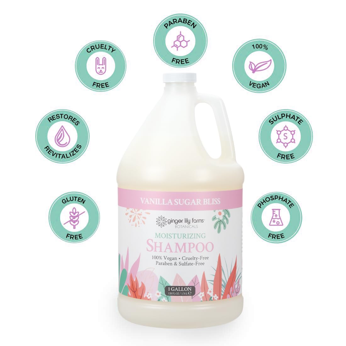 Ginger Lily Farms gallon next to a standard 16oz bottle showing refill size savings