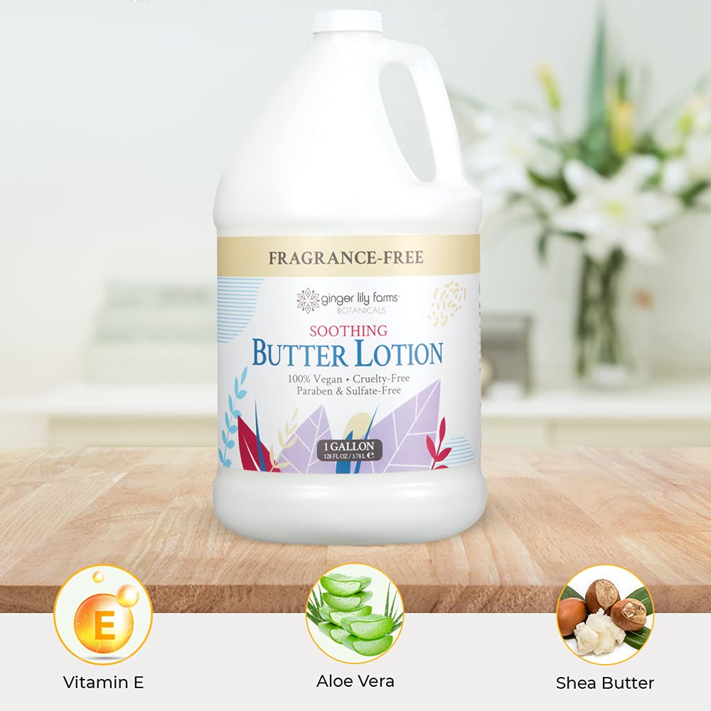 Ginger Lily Farms gallon beside small lotion bottle showing economical size