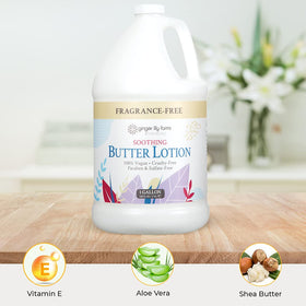 Ginger Lily Farms gallon beside small lotion bottle showing economical size