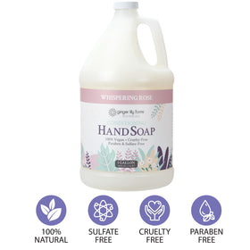 Ginger Lily Farms gallon next to a hand for scale showing large refill volume benefit