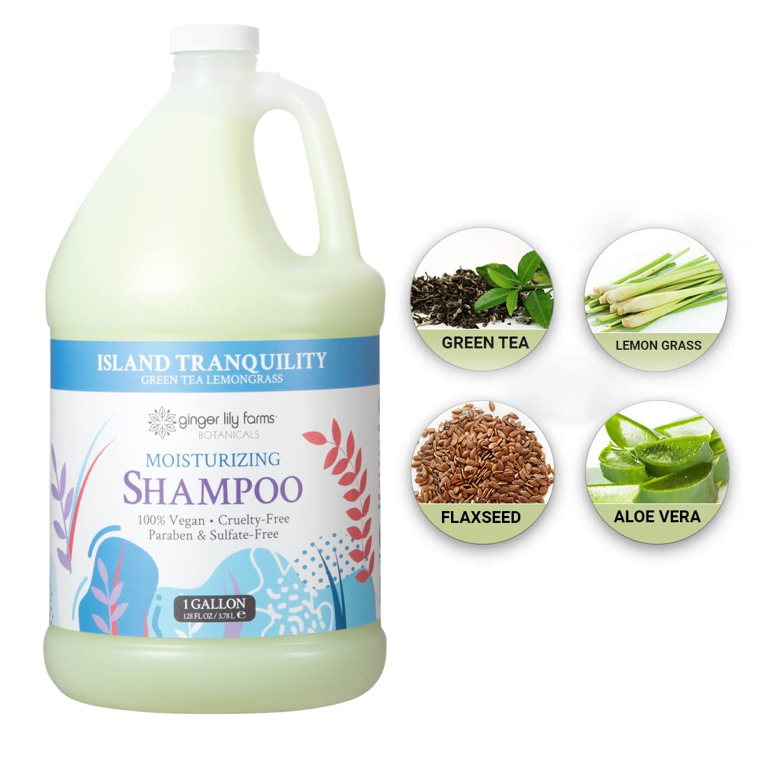 Ginger Lily Farms gallon next to shampoo bottle showing scale and refill advantage