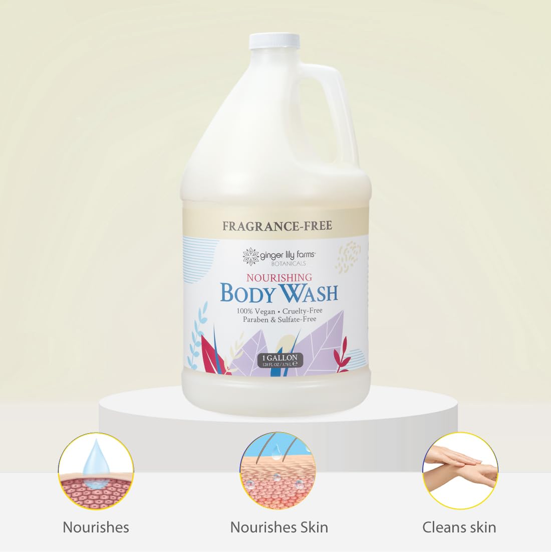 Ginger Lily Farms bottle with dispense station shows refill compatibility for gyms