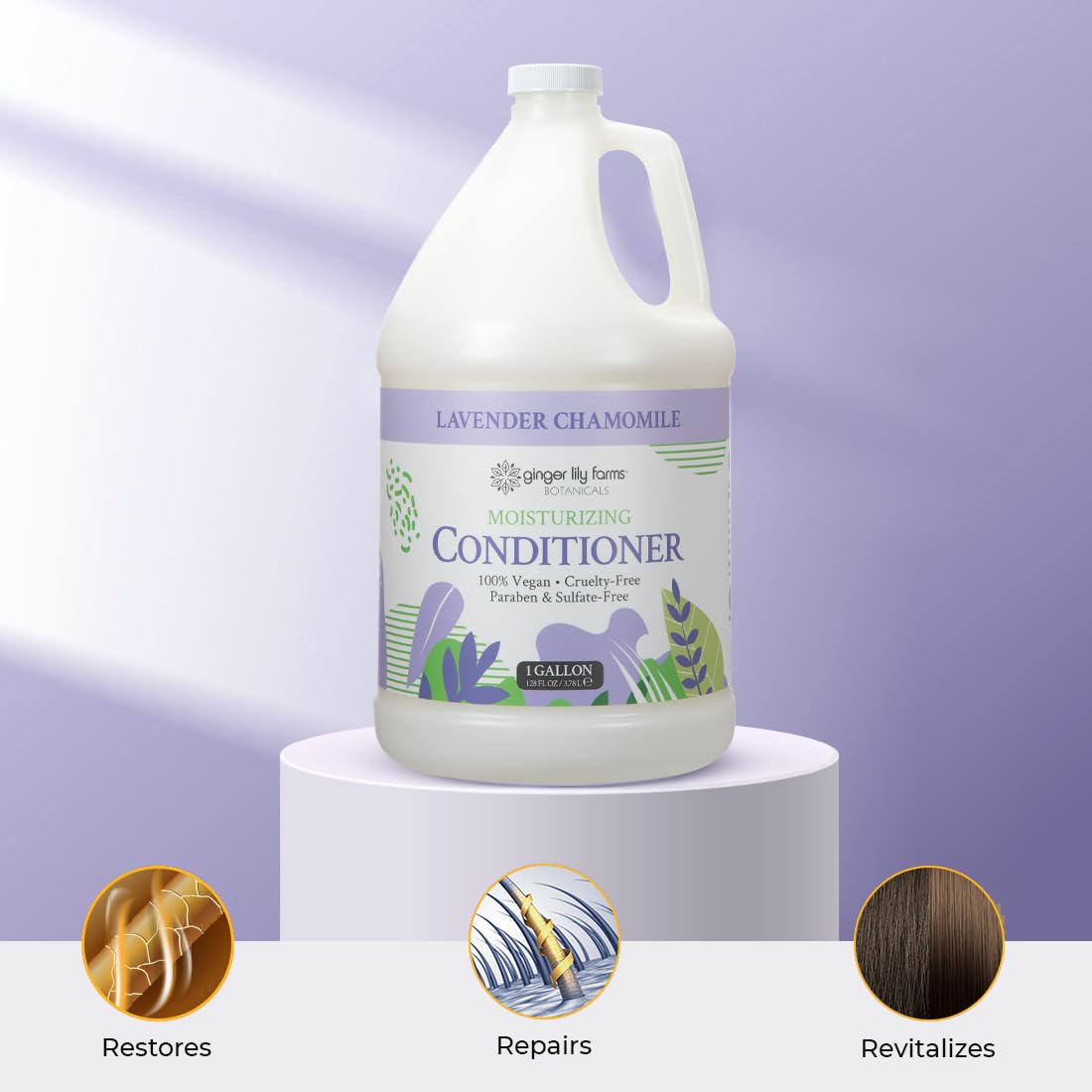 Ginger Lily Farms gallon next to lavender and chamomile illustrating calming scent