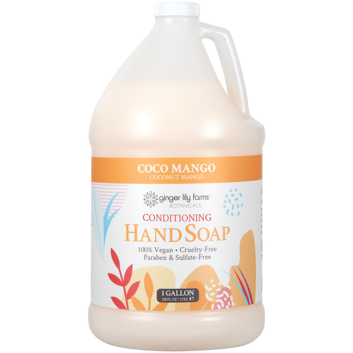 Ginger Lily Farms gallon front label showing coconut mango scent and vegan benefit