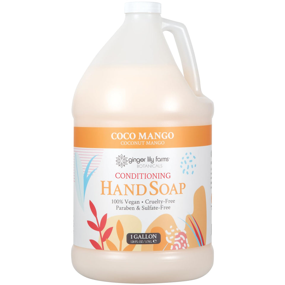 Ginger Lily Farms gallon front label showing coconut mango scent and vegan benefit