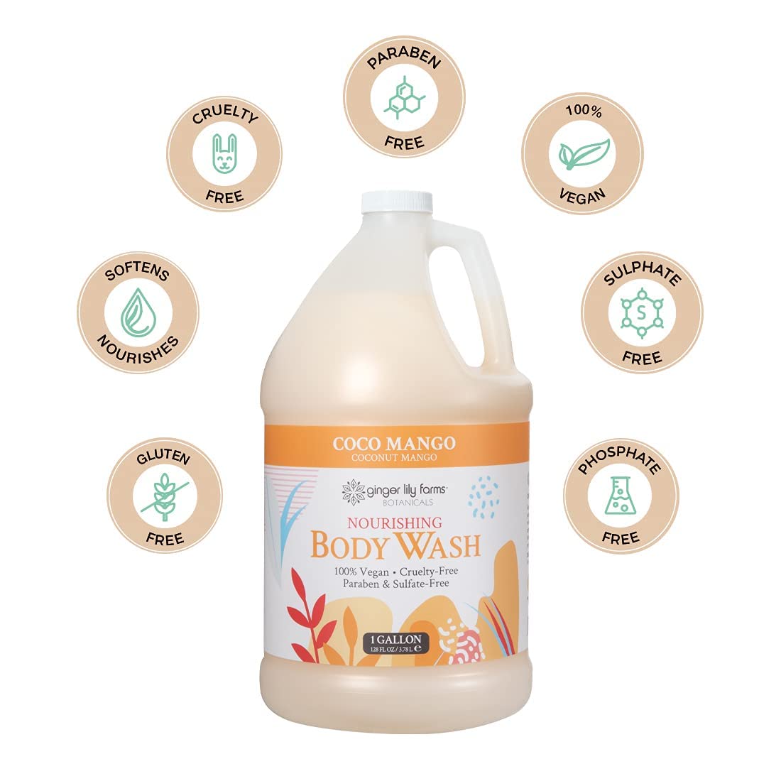 Ginger Lily Farms ingredient panel and bottle neck emphasizing natural botanicals benefit